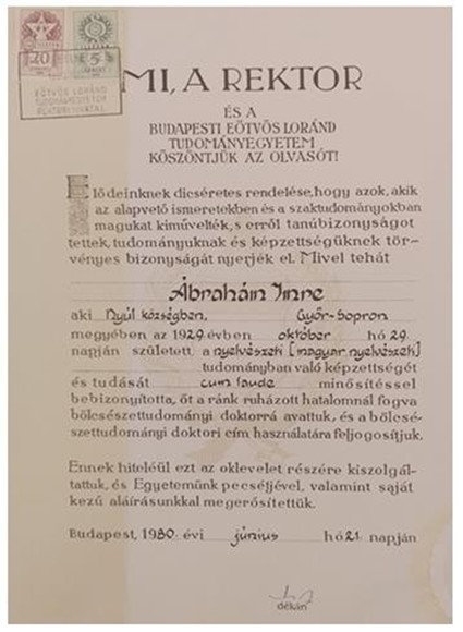 Dr. Ábrahám Imre doktori diplomája