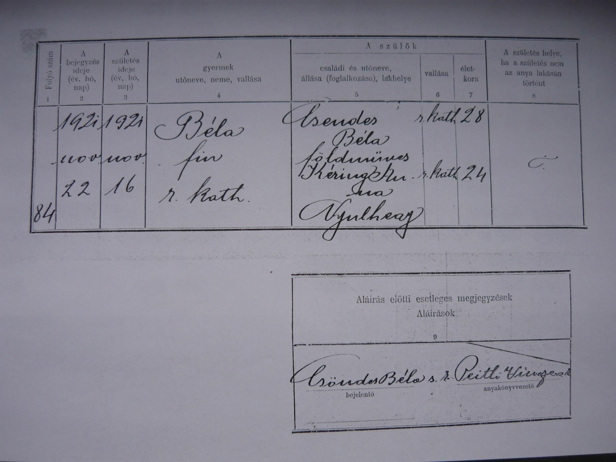 Csendes Béla születési anyakönyvi kivonata