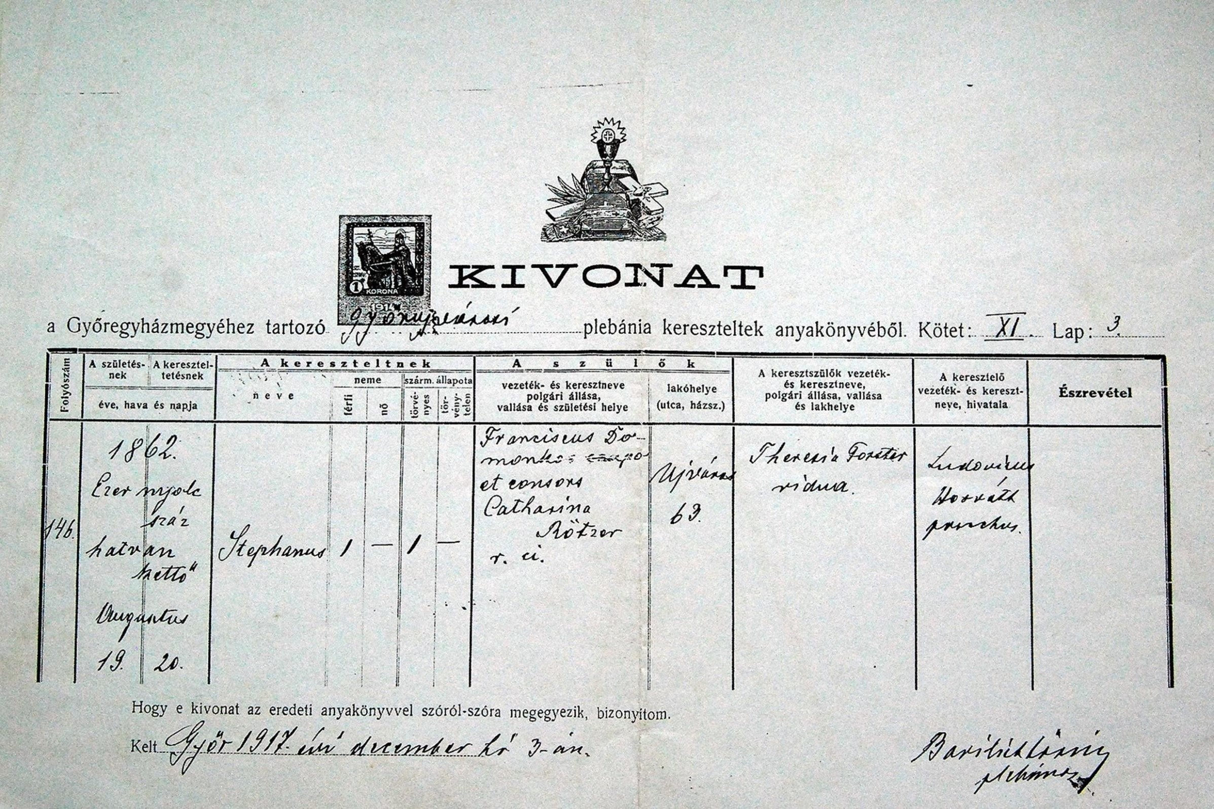 Domonkos István születési anyakönyvi kivonata